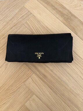 Prada Black Tessuto Nylon Fold-Over Clutch Gold Logo Hardware Evening Bag